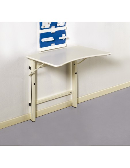 Tavolo occupazionale ERGO pieghevole fissato a parete, con piano antibatterico sagomato ergonomico per pazienti in carrozzina