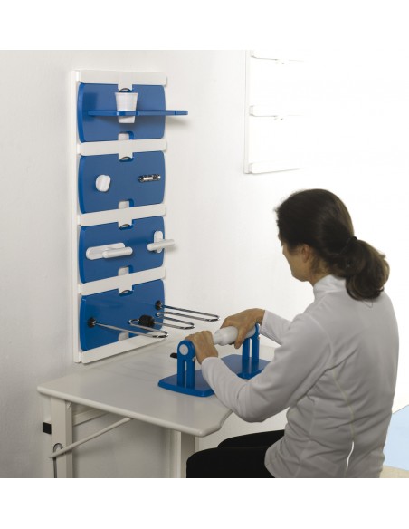 Tavolo occupazionale ERGO pieghevole fissato a parete, con piano antibatterico sagomato ergonomico per pazienti in carrozzina