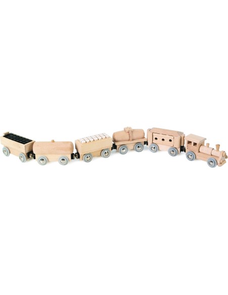 treno magnetico in legno trasporta nei suoi vagoni ogni tipo di materiale, che sia legno, sabbia o carbone.